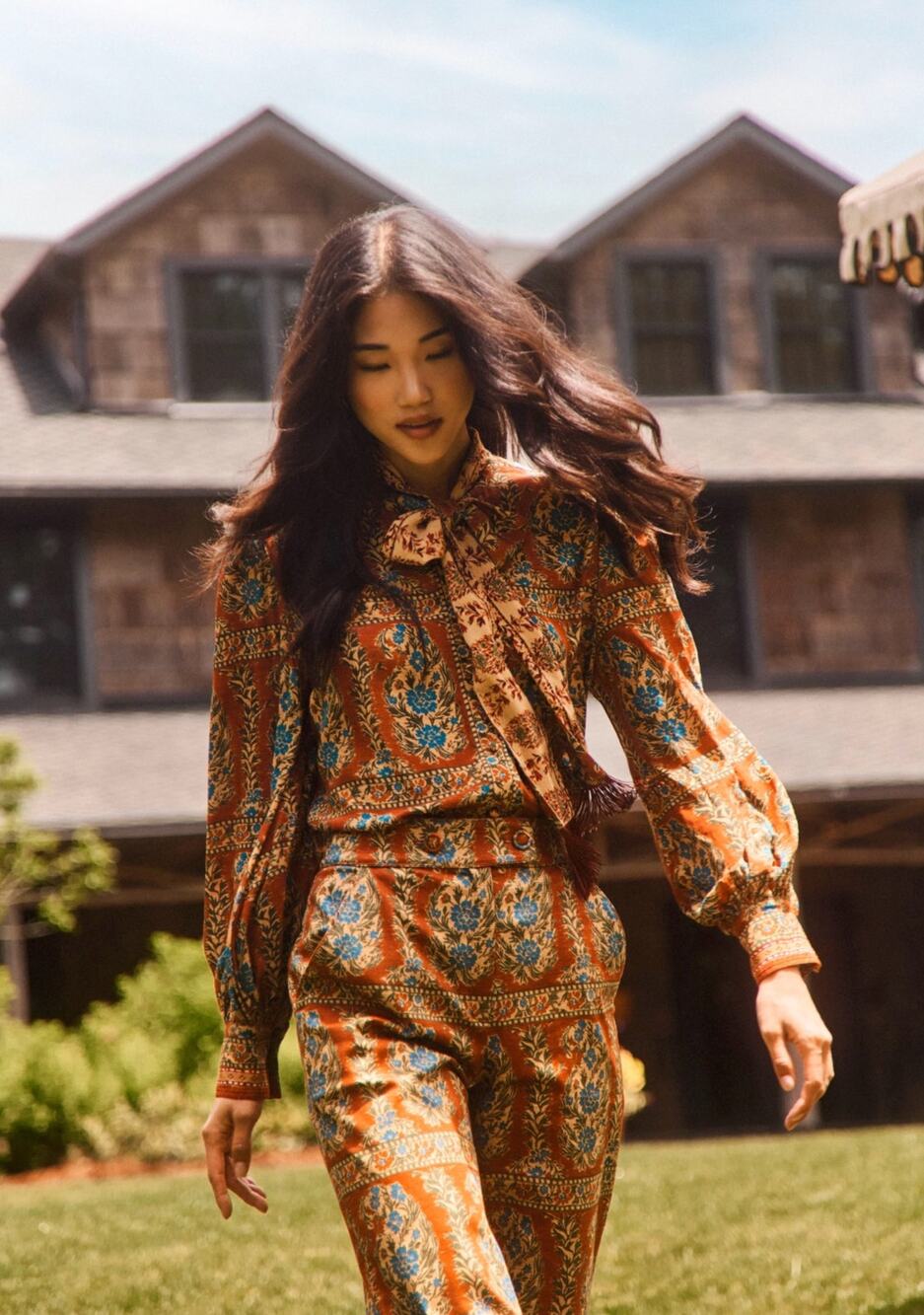 Hunter Bell Karis Blouse Paisley Tie Neck Fringe Top
